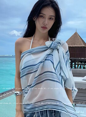 蓝色条纹丝巾上衣大方巾披肩罩衫