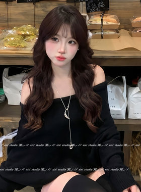 极简风银色牛角包长项链毛衣链女