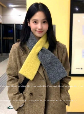 氛围感灰黄色针织小围巾女