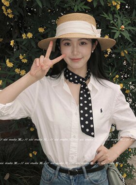 韩系黑色波点长条小丝巾装饰领巾