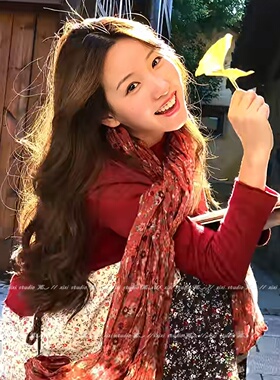 文艺风红色小碎花棉麻围巾复古