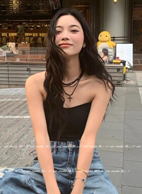 黑色十字架项链叠戴串珠锁骨链