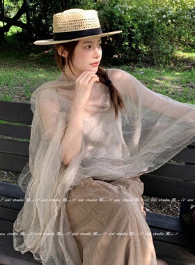 文艺风欧根纱透明纱巾披肩女
