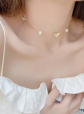 2024年新款短款珍珠蝴蝶项链锁骨链轻奢小众女脖颈链高级感配饰夏