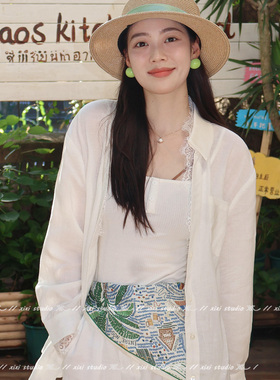 复古文艺风绿色涂鸦三角巾腰带女