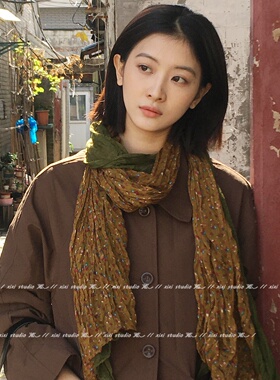 文艺风绿色碎花褶皱丝巾披肩