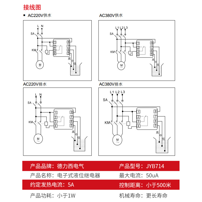 。德力西液位继电器开关自动水位控制器水箱JYB714A感应380v家用2 - 图3