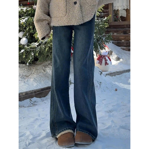 高腰阔腿牛仔裤梨形身材专用 秋季大码加绒牛仔长裤胖MM显瘦推荐 - 图3