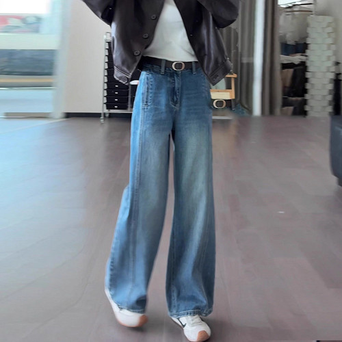 复古水洗窄版阔腿牛仔裤女2025秋季新款高腰宽松垂感小个子直筒裤 - 图1