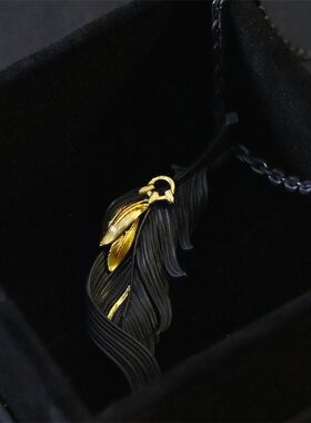黑金羽毛项链男士潮高级感设计感小众ins高级感金色吊坠轻奢黑色