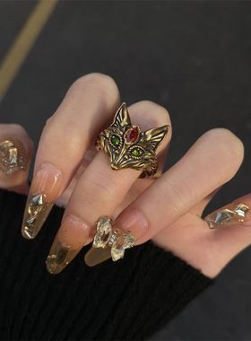 狐狸锆石手镯复古小众狐狸手镯霸气开口手环戒指九尾狐饰品古风