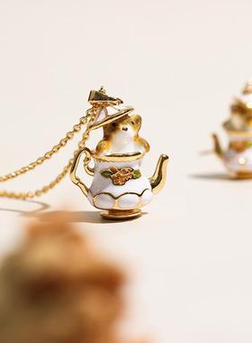 珐琅彩童话风仓鼠与茶壶耳环项链英国原创小众设计师 手绘