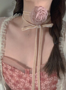 系带山茶花项链~薄荷绿超仙花朵锁骨链choker2024年春季新款颈链