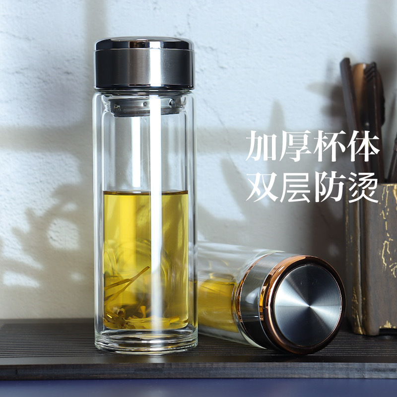 300ml玻璃杯家用便携商务办公大容量泡茶杯双层玻璃杯-图0