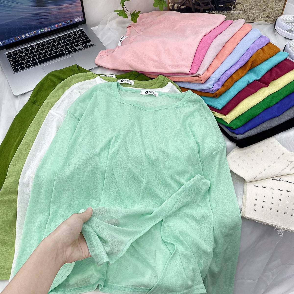 糖果色侧开叉冰丝麻长袖防晒T恤女夏薄外搭宽松慵懒空调罩衫上衣,淘宝优惠券,粉丝福利购,淘宝优惠卷