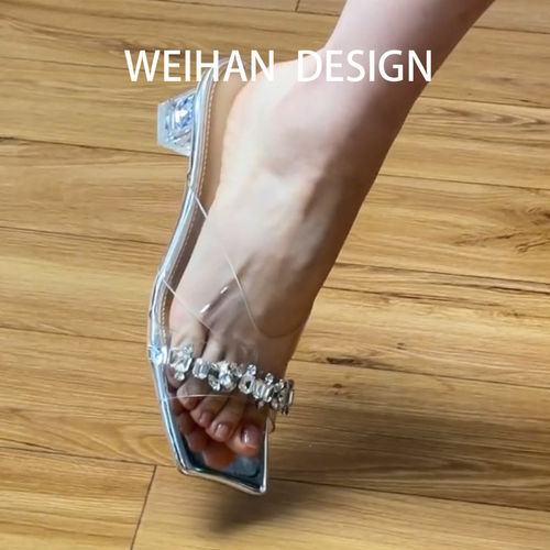 羊皮版！法式绝美透明带凉鞋女气质粗跟露趾银色水钻镂空凉拖鞋 - 图0