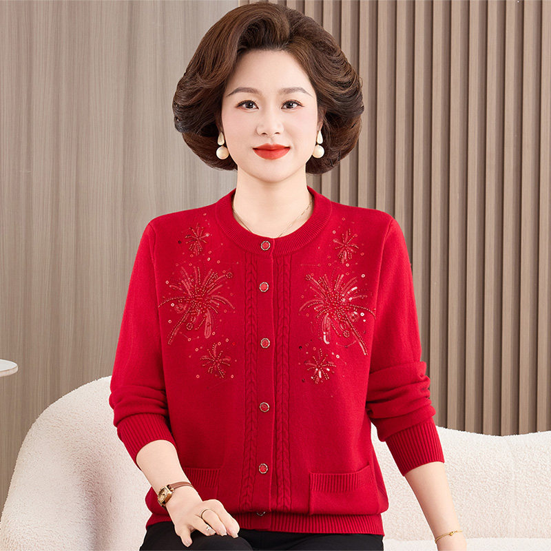 红色刺绣妈妈装针织开衫女上衣春秋新款中老年本命年洋气毛衣外套,淘宝优惠券,粉丝福利购,淘宝优惠卷