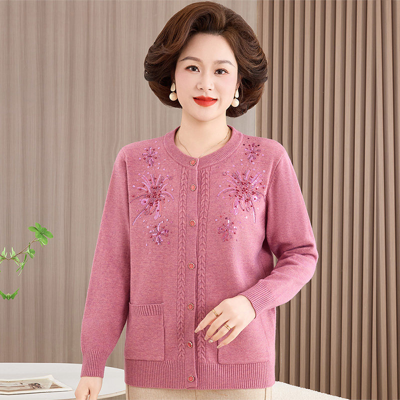 红色刺绣妈妈装针织开衫女上衣春秋新款中老年本命年洋气毛衣外套,淘宝优惠券,粉丝福利购,淘宝优惠卷