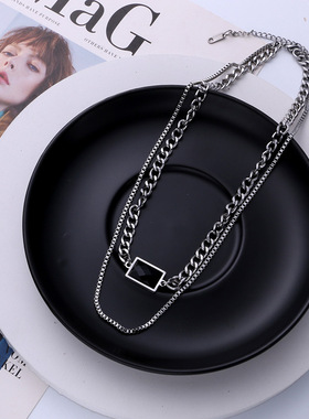 冷淡风双层链条项链复古百搭时尚高级设计感黑色吊坠锁骨链女潮