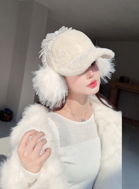 NIUYANG 设计师梦幻纯御毛绒保暖耳罩二合一层次珠钻蝴蝶结鸭舌帽