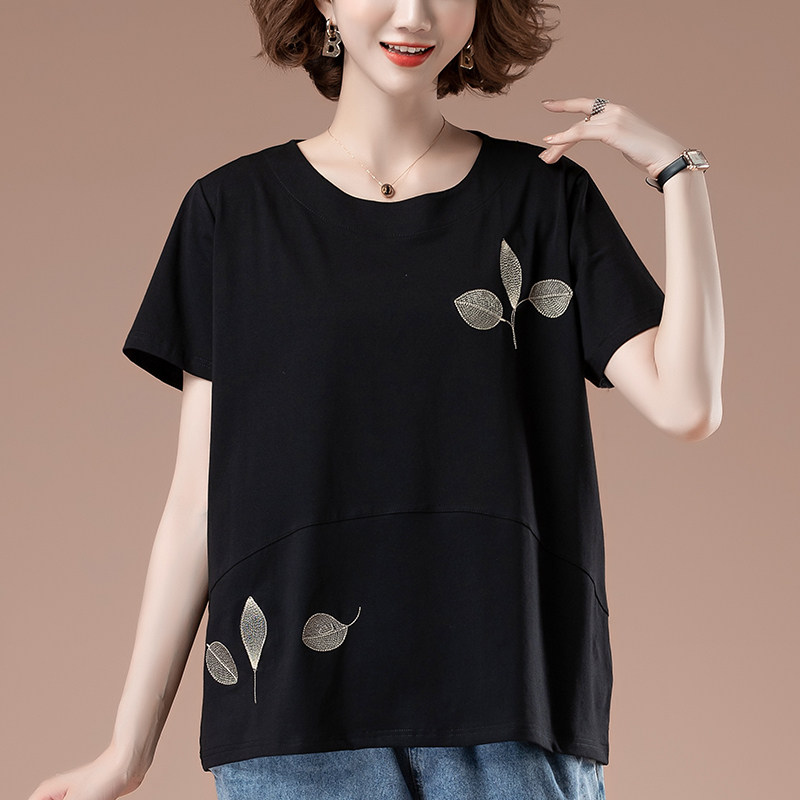 超大码刺绣夏季女装中老年宽松t恤 裕美人T恤