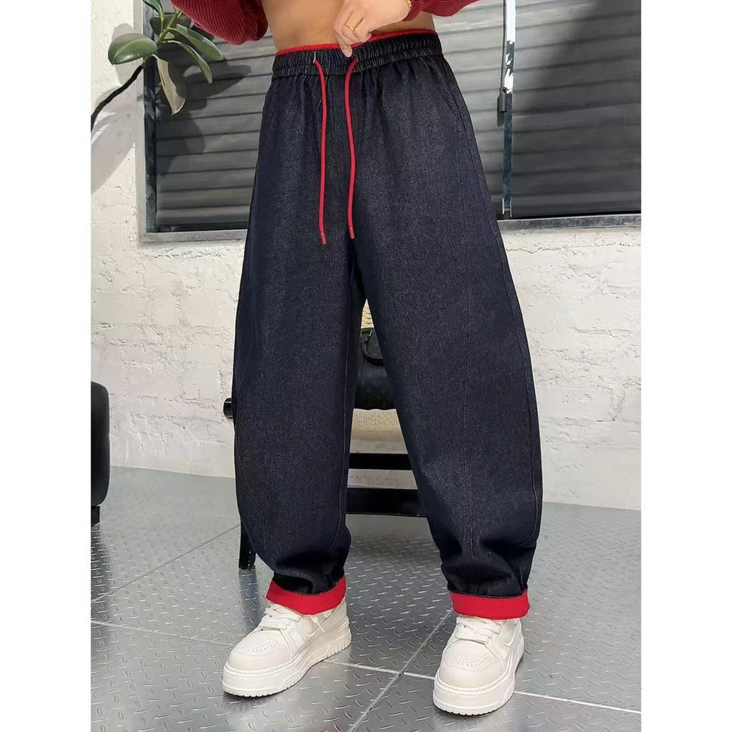 福字发财加厚磨毛牛仔裤男冬季新款拼接撞色松紧腰卷边弯刀牛仔裤,淘宝优惠券,粉丝福利购,淘宝优惠卷