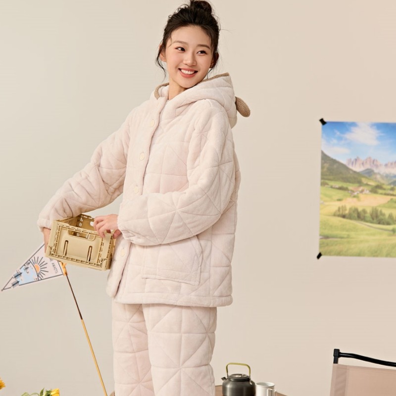 安之伴三层加绒加厚珊瑚绒夹棉睡衣女冬季可外穿连帽保暖家居服,淘宝优惠券,粉丝福利购,淘宝优惠卷