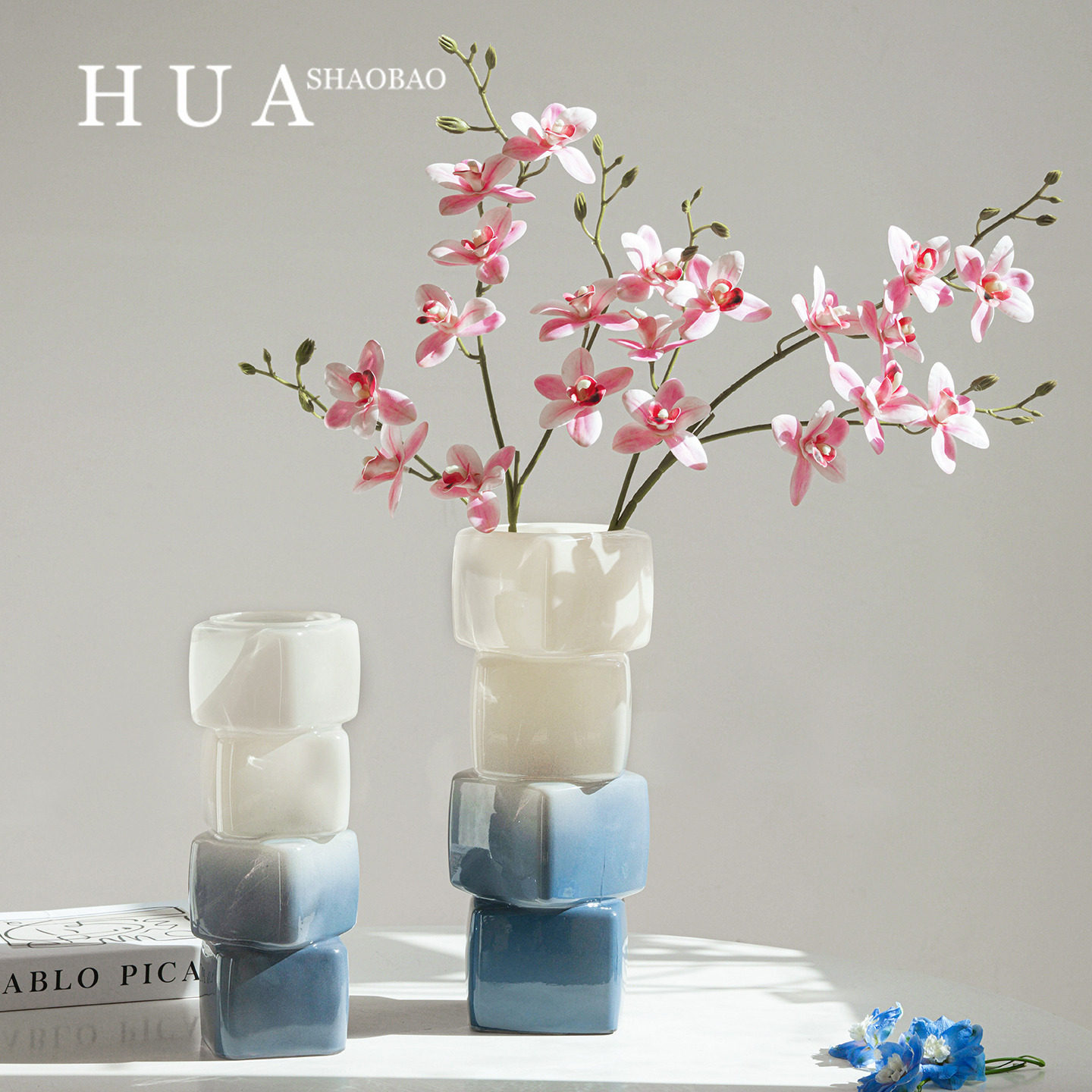 渐变中古风蓝色几何方块花瓶餐桌软装酒店电视柜台面装饰玻璃摆件,淘宝优惠券,粉丝福利购,淘宝优惠卷