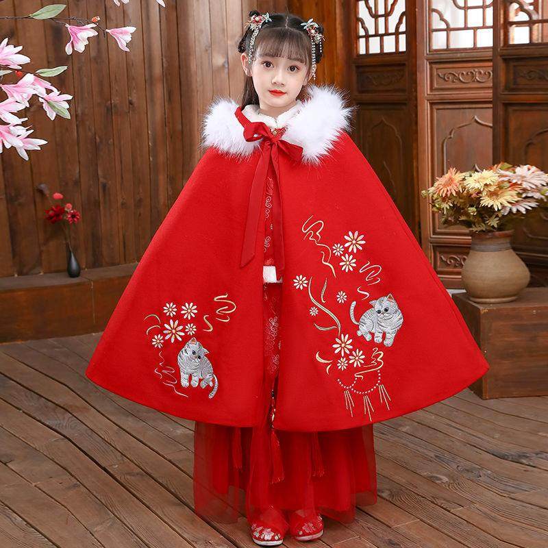 女童毛领加绒加厚款外出拜年服披风 企货居汉服