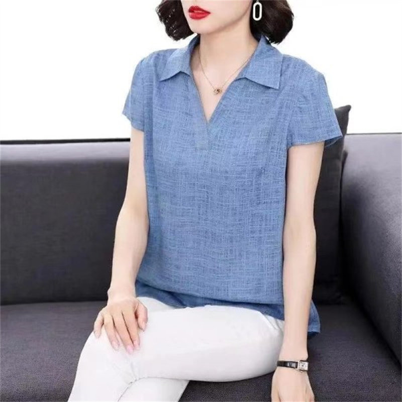 棉麻上衣女洋气时尚中年妈妈装大码宽松显瘦夏季遮肚V领短袖T恤女 - 图2