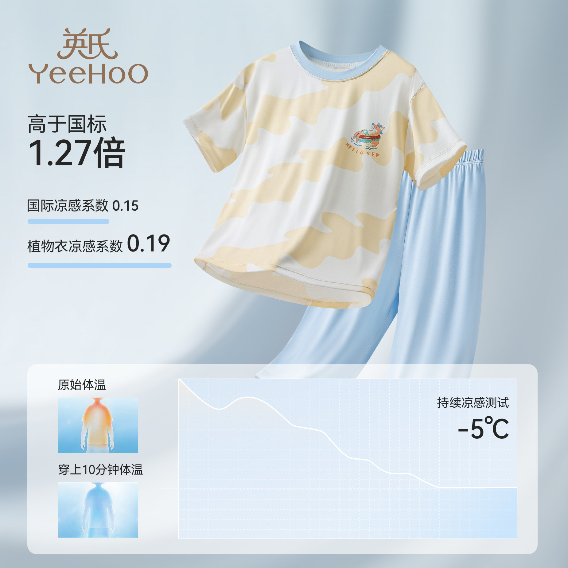 英氏莫代尔儿童套装夏季薄款多巴胺运动服男童a类分体家居服夏装