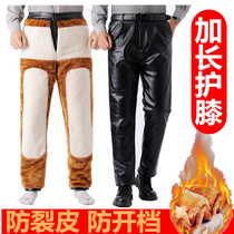 Leather pants mens winter gush thicken motorcycle riding substitute driving takeaway windproof and waterproof warm cotton pants loose big