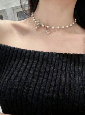 2025新款CD金色拉丝蝴蝶珍珠项链女复古轻奢锁骨链爆款项链