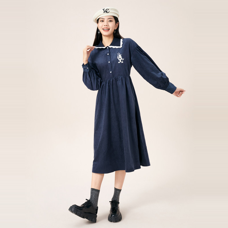 【淘】a21梭织弹力翻领落肩长连衣裙 a21女装连衣裙