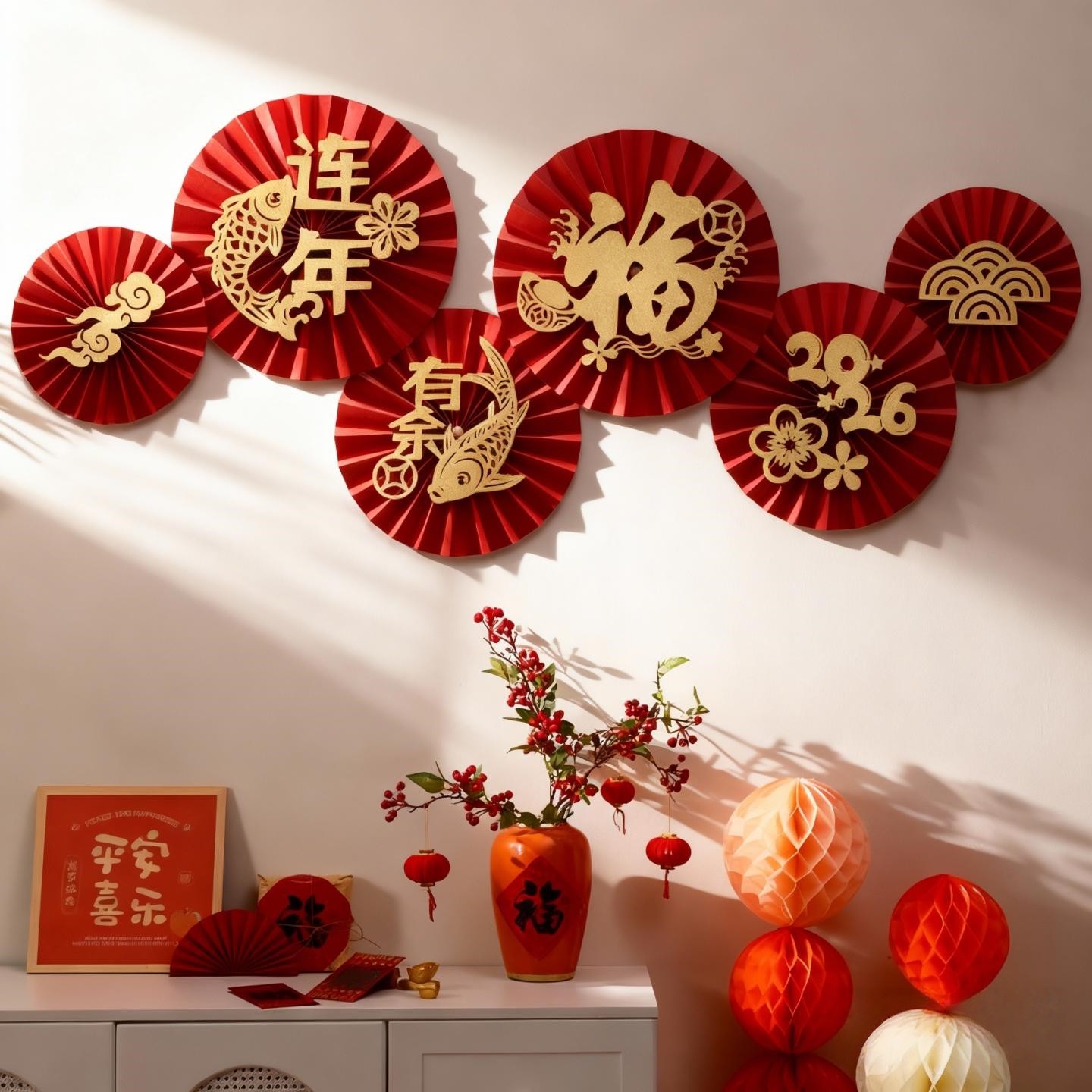 2026新年装饰纸扇花马年元旦客厅玄关墙春节过年商场橱窗氛围布置,淘宝优惠券,粉丝福利购,淘宝优惠卷