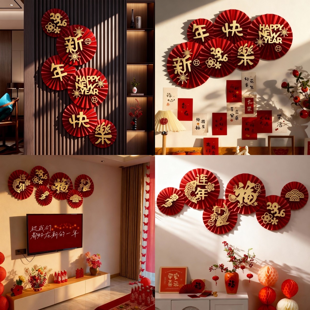 2026新年装饰纸扇花马年元旦客厅玄关墙春节过年商场橱窗氛围布置,淘宝优惠券,粉丝福利购,淘宝优惠卷