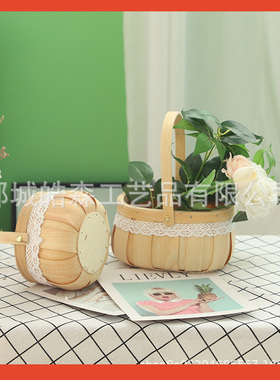 □花篮手提蕾丝编织藤编竹编木片