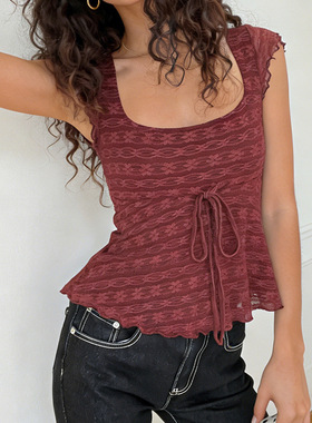 Spicy girl red square neck vest 辣妹红色木耳边系带方领背心女