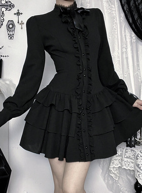 Gothic style black long sleeved dress 哥特风黑色长袖连衣裙女