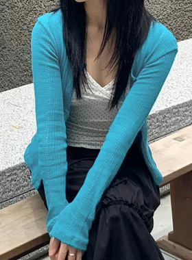 Sweet girl blue woolen cardigan 甜美少女外搭蓝色毛织开衫上衣