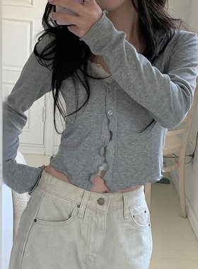 Blue slim fit cardigan top 温柔风蓝色开衫上衣木耳边长袖T恤女