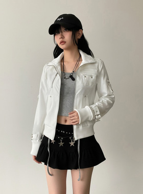 Spicy girl punk style jacket机车风白色拉链夹克辣妹朋克风外套