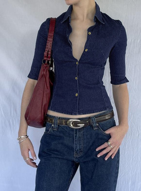 Deep blue waist cinched shirt 深蓝色单排扣修身中袖衬衫女上衣