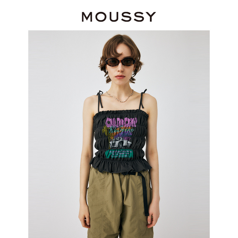 MOUSSY 春夏新复古辣妹机车图案抽褶花边小吊带010GSQ90-0770 - 图0