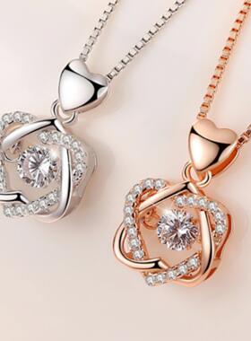 双心灵动吊坠彩银项链潮流银爱闪动心形吊坠玫瑰金锁骨链简约礼物