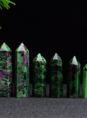天然红绿宝单尖六棱柱红绿宝原石打磨切割柱摆件定制