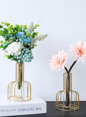 北欧ins铁艺金色水培花瓶 插花瓶子桌面摆件客厅餐厅桌面装饰干花