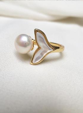 余生有你鱼尾戒指淡水贝壳14K电镀真金网红戒指