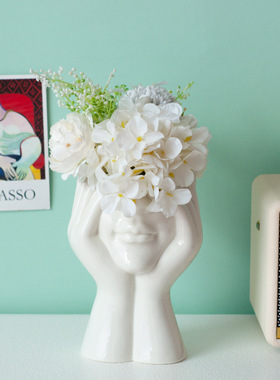 白色简约人体艺术陶瓷摆件轻奢酒店样板房人脸家居装饰品插花设计