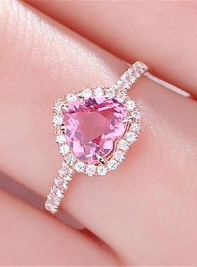 爱与美仿真粉红碧玺心形钻戒铜镀18k玫瑰金开口戒女2克拉粉钻戒指